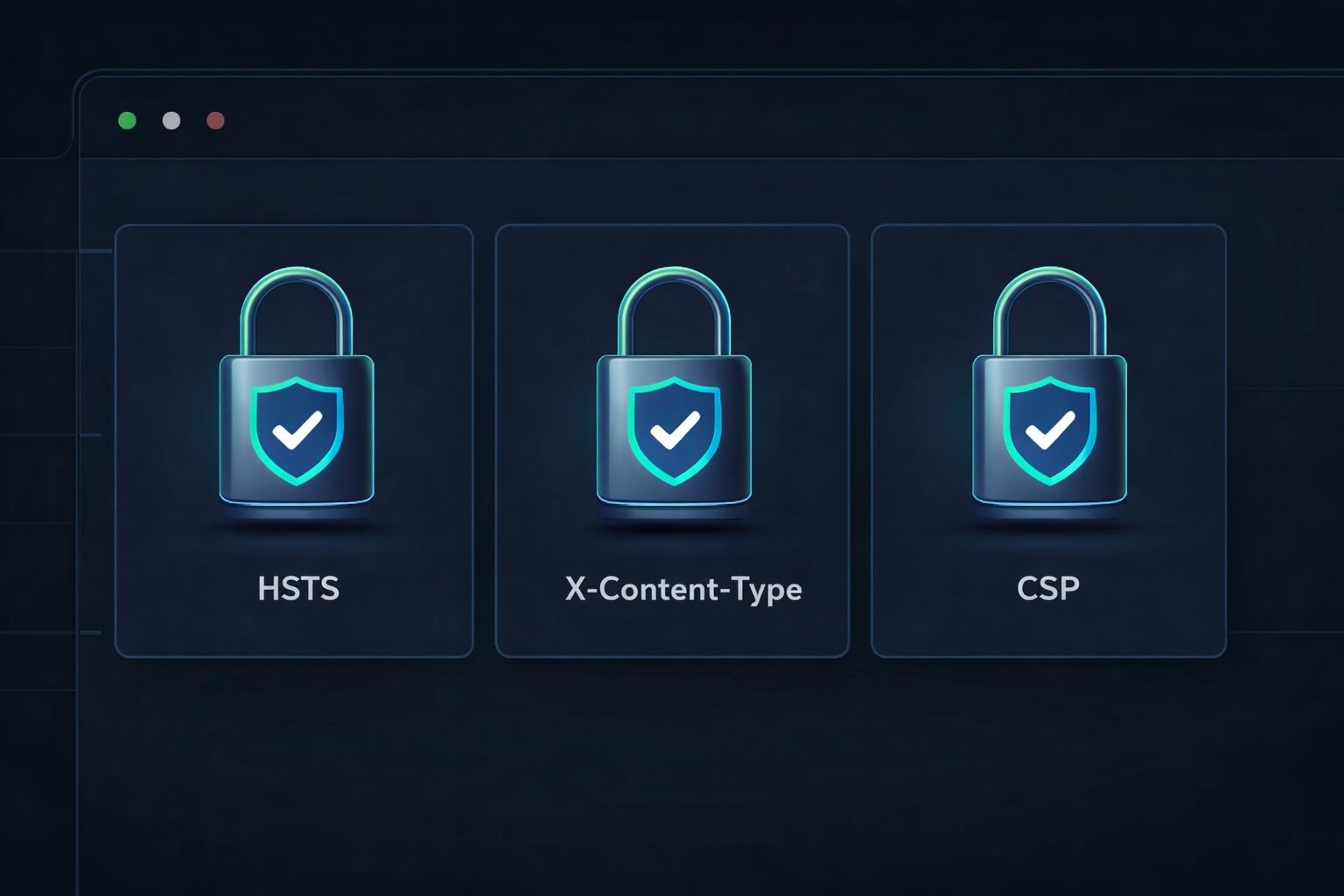 Illustration of various web security headers protecting a browser from external attacks