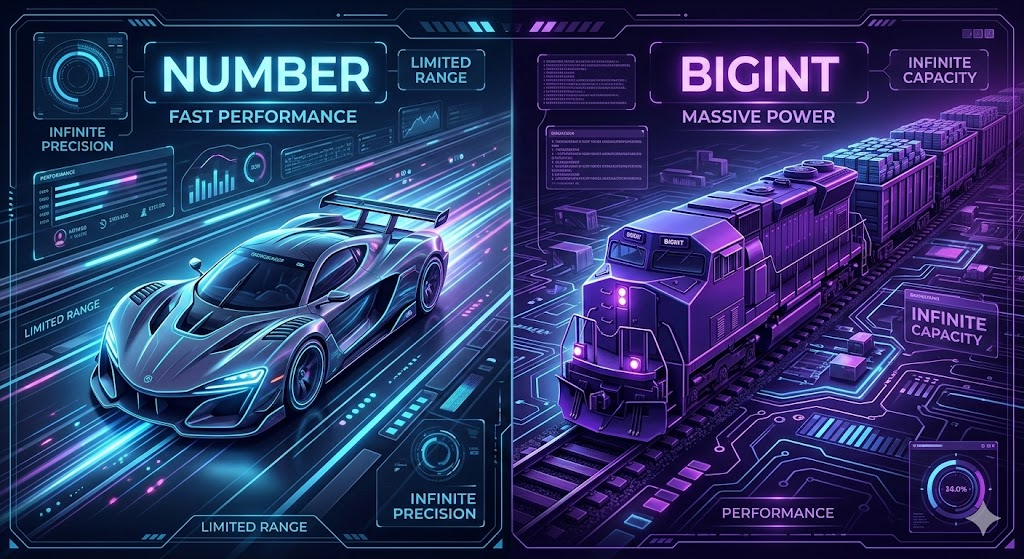 Comparison between JavaScript Number and BigInt range and memory usage
