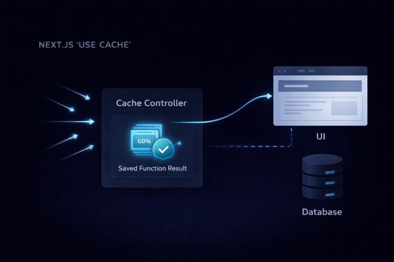 Diagram showing how 'use cache' works at the function level, interacting with the Global Data Cache and bypassing redundant database or API calls.
