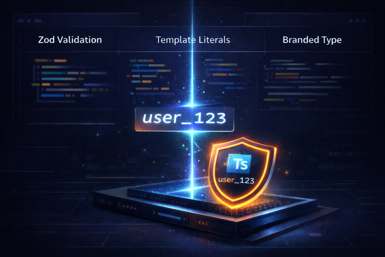 Advanced TypeScript concepts showing Zod validation and Template Literal branding