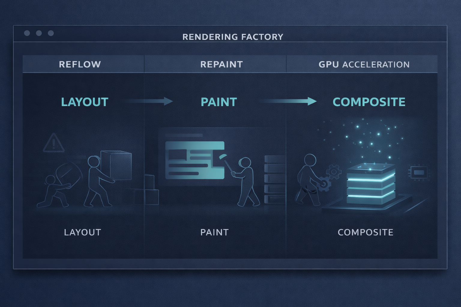Comparison diagram showing Reflow triggering the entire pipeline from Layout, while Repaint skips Layout and starts from the Paint stage