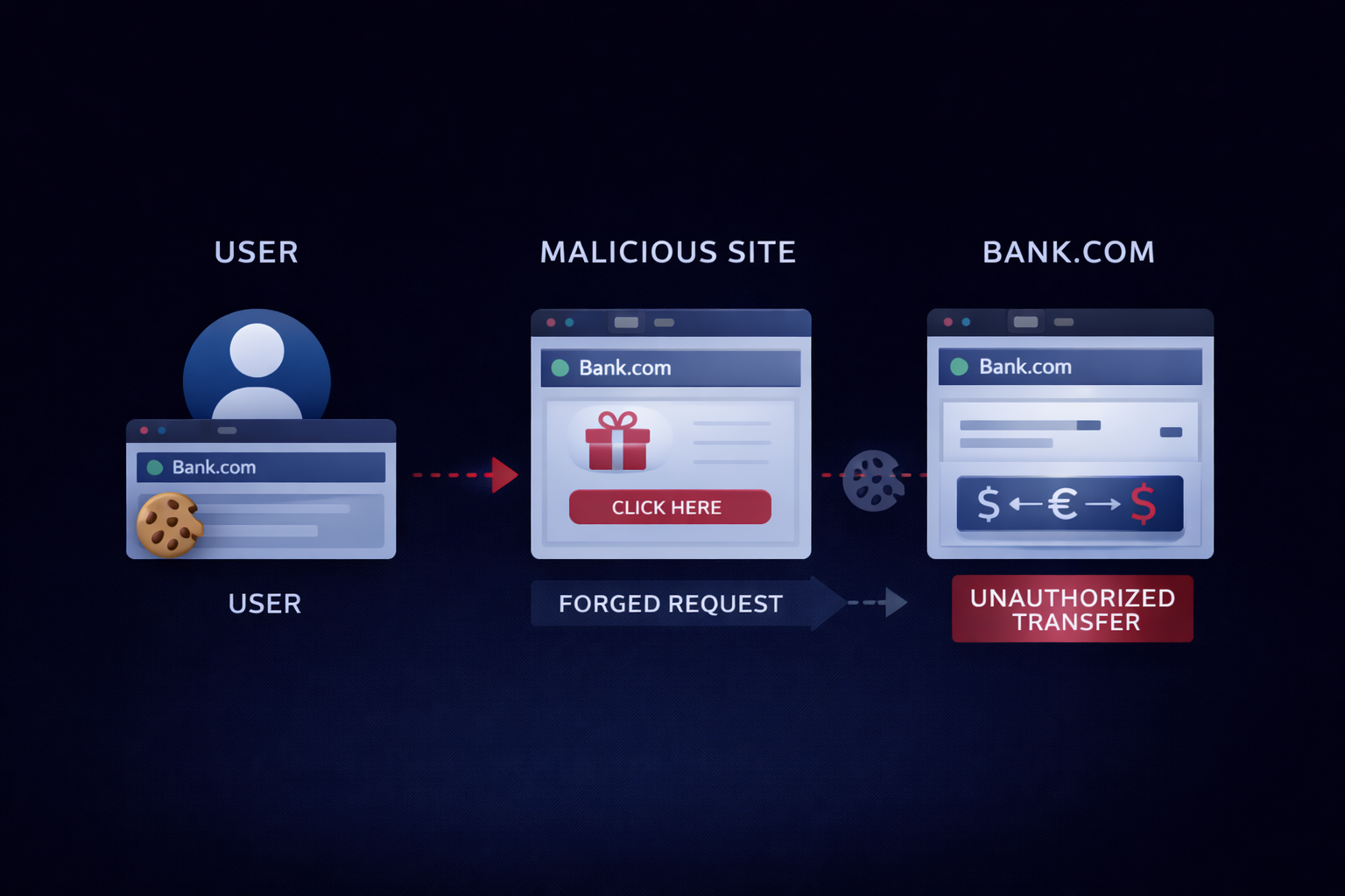 Diagram illustrating the CSRF attack flow: Victim logs into a legitimate banking site. Attacker creates a malicious site with a hidden form to transfer money. Victim visits the malicious site, the hidden form auto-submits with the victim's session, tricking the banking site into performing the unauthorized transfer.